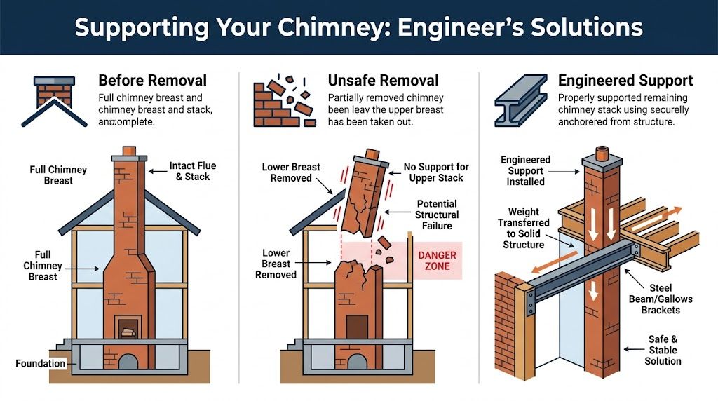 A diagram illustrating the proper structural engineering support required when removing a chimney breast during home renovations.