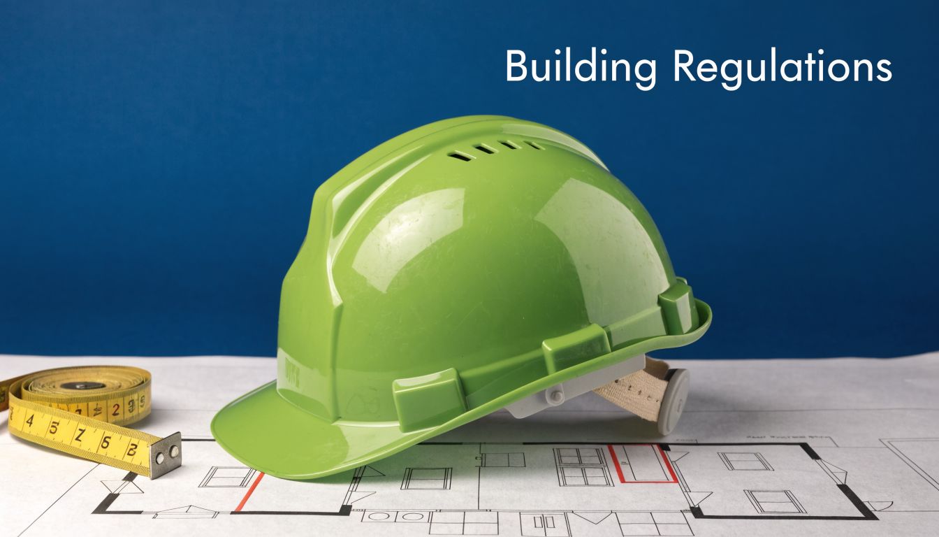 A green construction hard hat sits on top of house blueprints with a yellow measuring tape nearby.