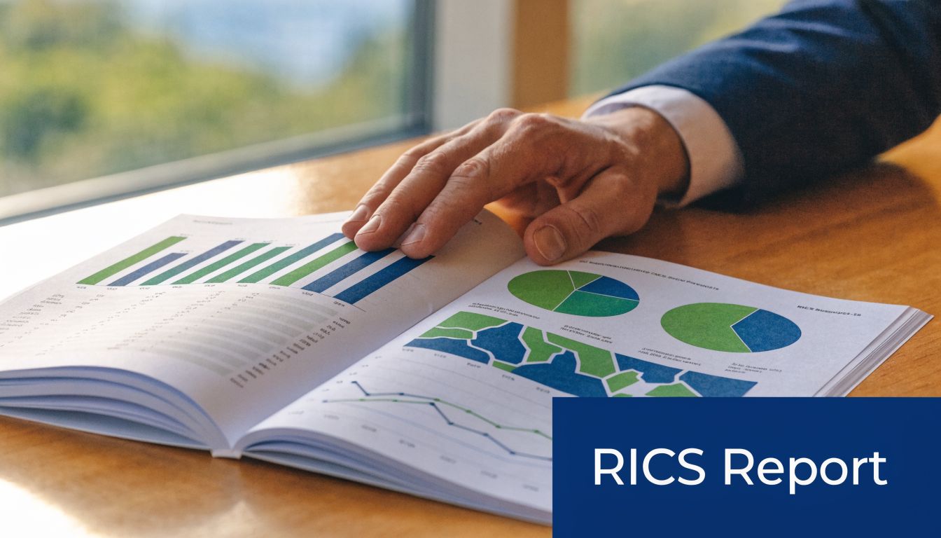 A professional analyzing a RICS property valuation report with detailed charts and financial data on a desk.