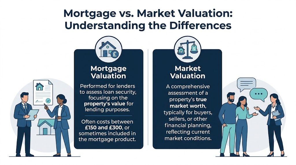 A comparison infographic explaining the differences between a mortgage valuation and a market valuation for property.