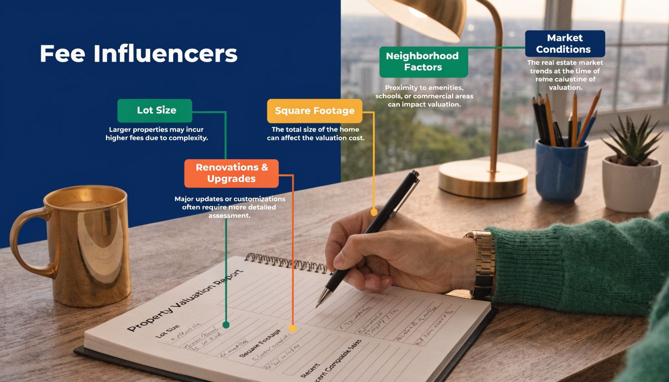 A hand filling out a property valuation report with text explaining various factors that influence valuation costs.